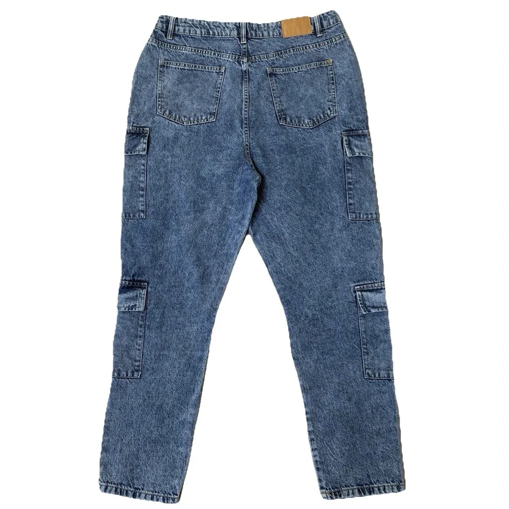 Boohoo Cargo Jeans Women USA 12 / UK 16 Acid Wash Denim Utility Pockets Straight